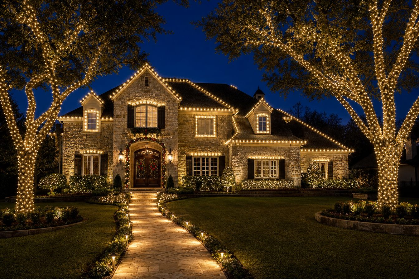 Stately stone home at blue hour with precision-wrapped trees, outlined rooflines and an illuminated front walkway